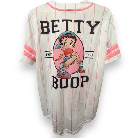 Betty Boop Pinstripe Button Up Baseball Jersey Pink White Stripe Medium NEW - Picture 4 of 5